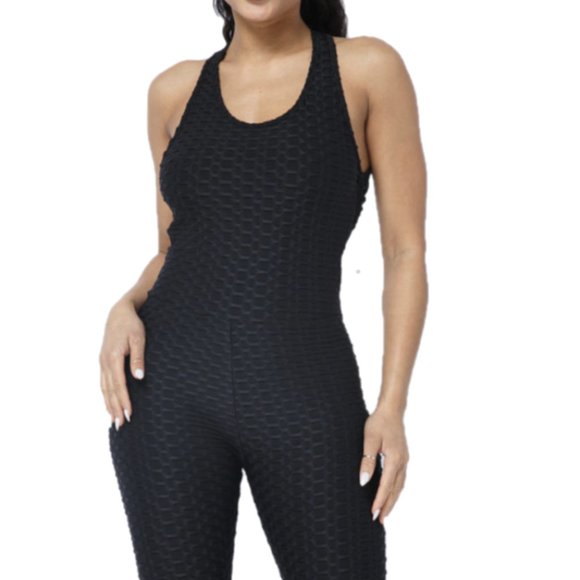 Honeycomb Poly Jacquard Sleeveless Cross Back Jumpsuit - Picture 2 of 4